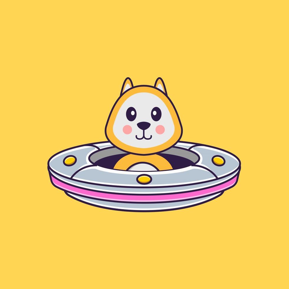 Cute dog Driving Spaceship Ufo. Animal cartoon concept isolated. Can used for t-shirt, greeting card, invitation card or mascot. Flat Cartoon Style vector