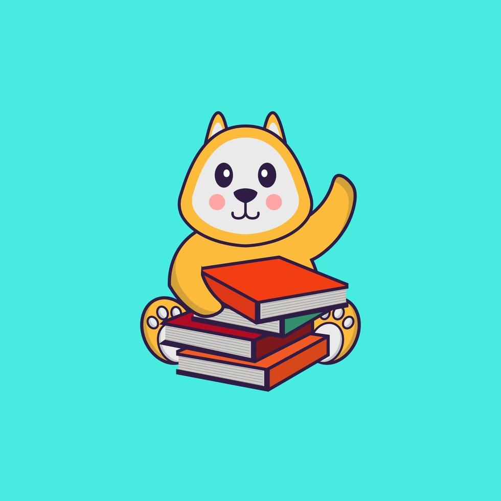 lindo perro leyendo un libro. aislado concepto de dibujos animados de animales. Puede utilizarse para camiseta, tarjeta de felicitación, tarjeta de invitación o mascota. estilo de dibujos animados plana vector