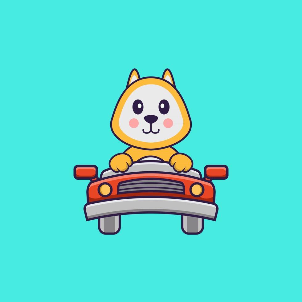 Cute dog is driving. Animal cartoon concept isolated. Can used for t-shirt, greeting card, invitation card or mascot. Flat Cartoon Style vector