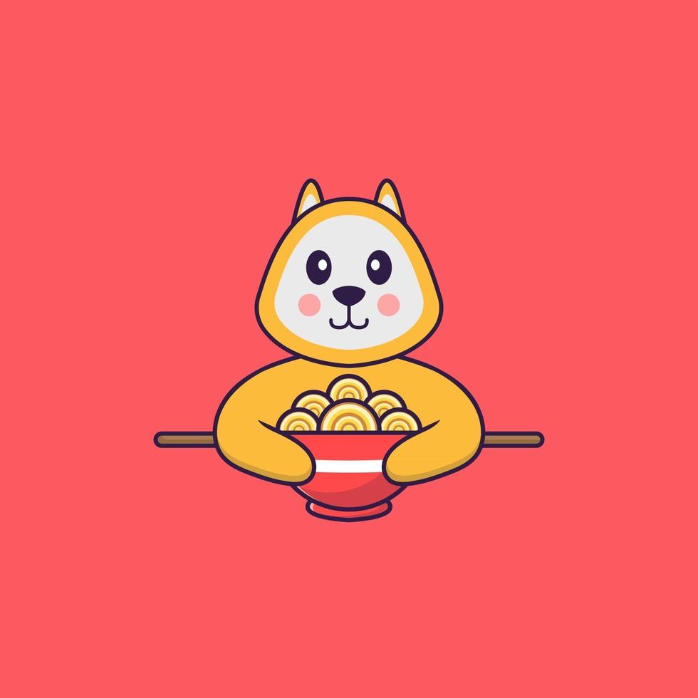 lindo perro comiendo fideos ramen. aislado concepto de dibujos animados de animales. Puede utilizarse para camiseta, tarjeta de felicitación, tarjeta de invitación o mascota. estilo de dibujos animados plana vector