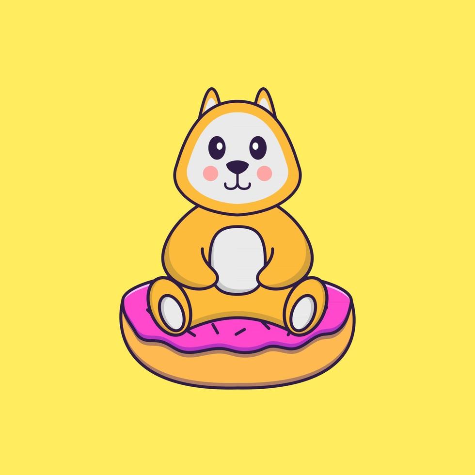 Cute dog is sitting on donuts. Animal cartoon concept isolated. Can used for t-shirt, greeting card, invitation card or mascot. Flat Cartoon Style vector