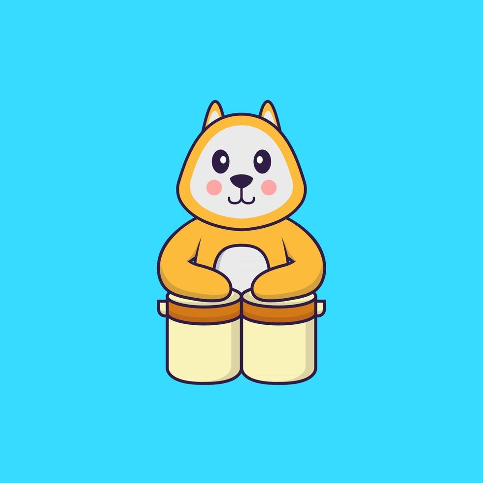 Cute dog is playing drums. Animal cartoon concept isolated. Can used for t-shirt, greeting card, invitation card or mascot. Flat Cartoon Style vector