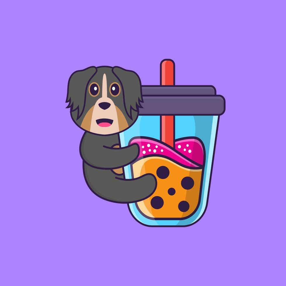 Cute dog Drinking Boba milk tea. Animal cartoon concept isolated. Can used for t-shirt, greeting card, invitation card or mascot. Flat Cartoon Style vector