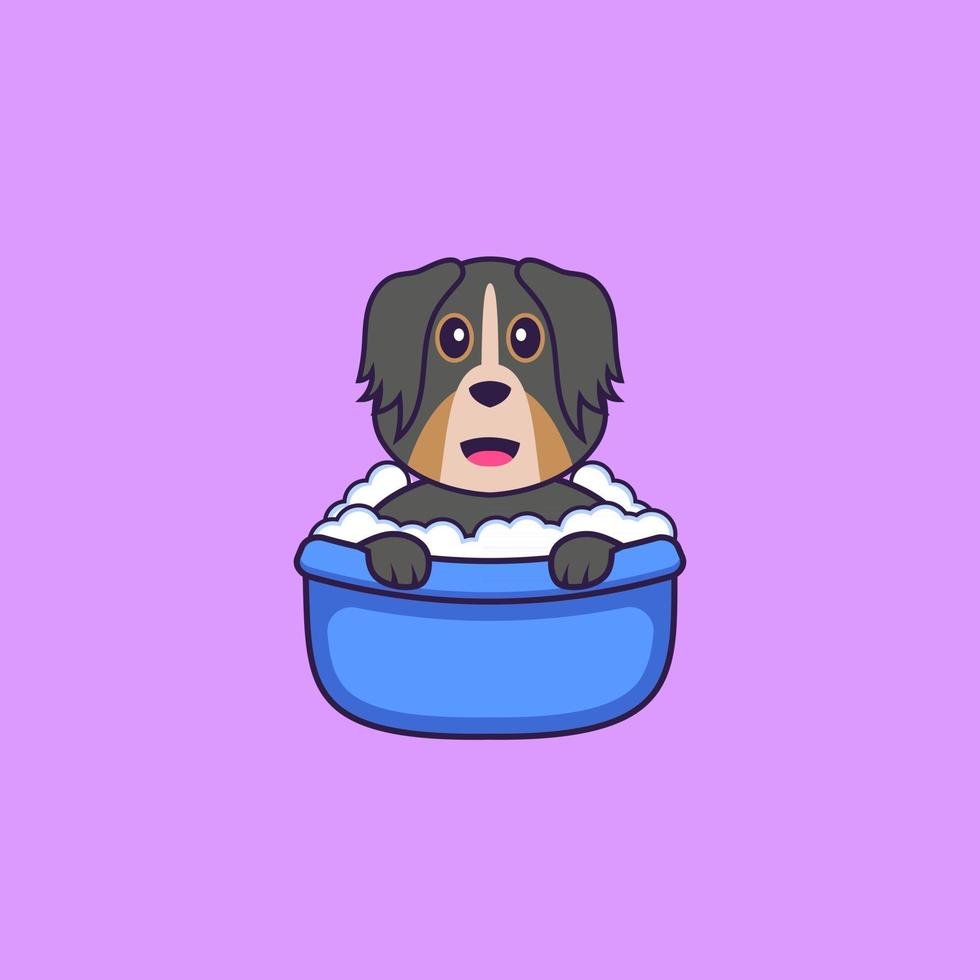 Cute dog taking a bath in the bathtub. Animal cartoon concept isolated. Can used for t-shirt, greeting card, invitation card or mascot. Flat Cartoon Style vector