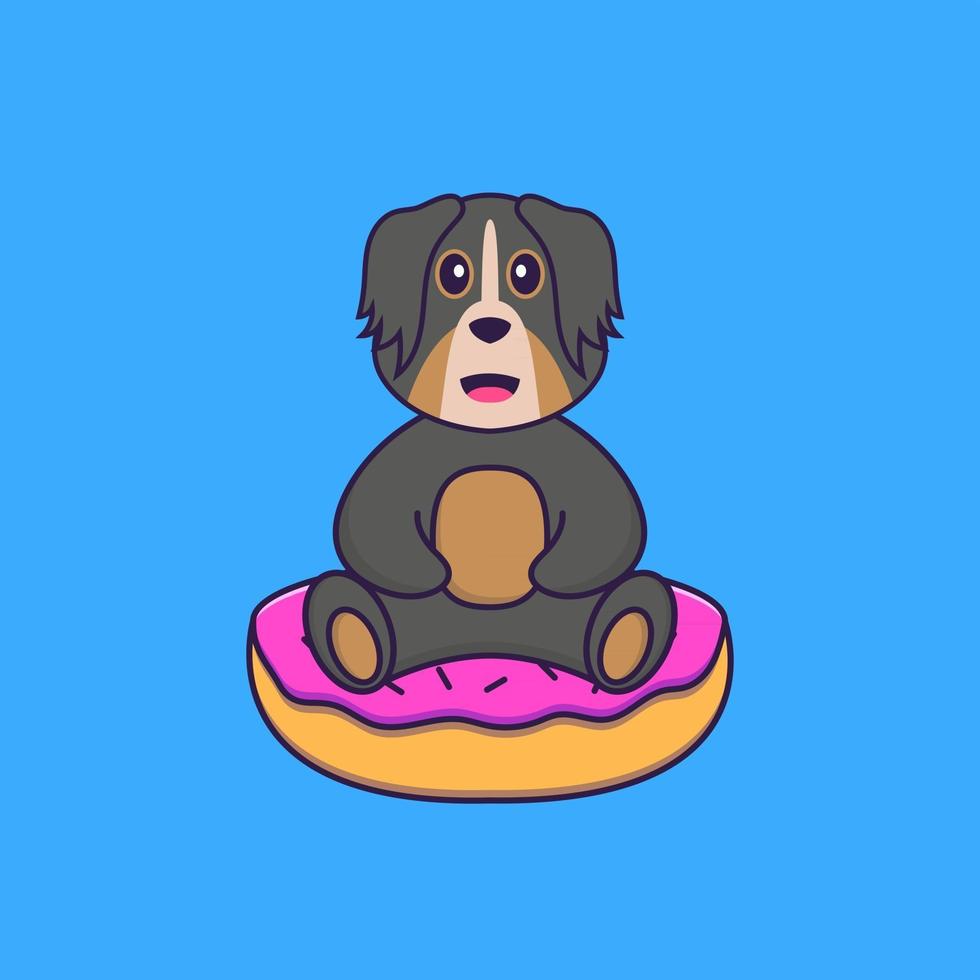 lindo perro está sentado en donas. aislado concepto de dibujos animados de animales. Puede utilizarse para camiseta, tarjeta de felicitación, tarjeta de invitación o mascota. estilo de dibujos animados plana vector