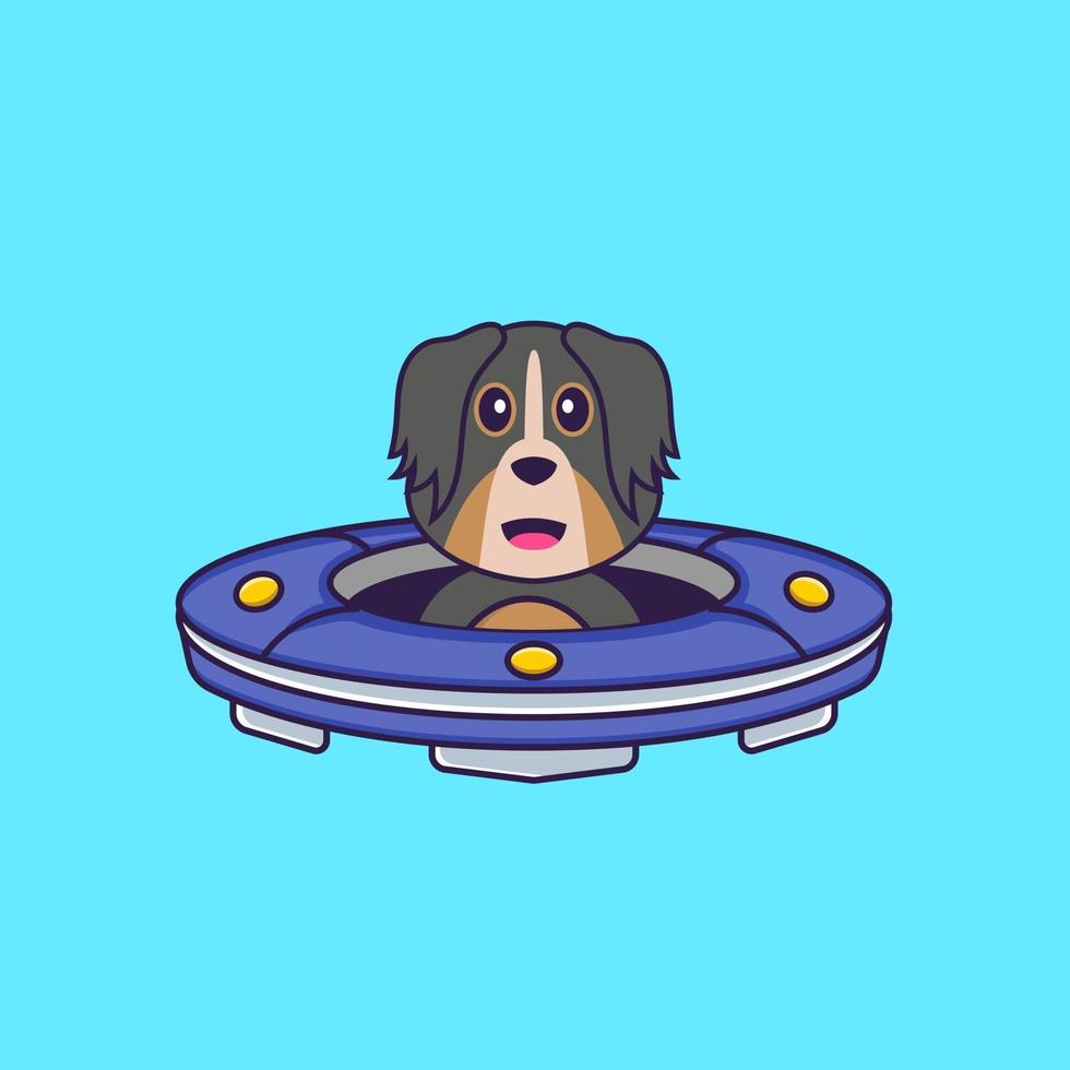 Cute dog Driving Spaceship Ufo. Animal cartoon concept isolated. Can used for t-shirt, greeting card, invitation card or mascot. Flat Cartoon Style vector