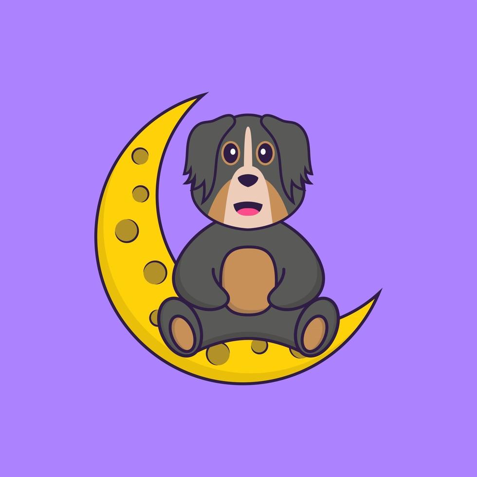 Cute dog is sitting on the moon. Animal cartoon concept isolated. Can used for t-shirt, greeting card, invitation card or mascot. Flat Cartoon Style vector