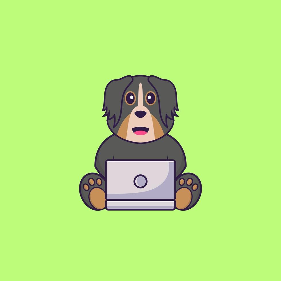 Cute dog using laptop. Animal cartoon concept isolated. Can used for t-shirt, greeting card, invitation card or mascot. Flat Cartoon Style vector