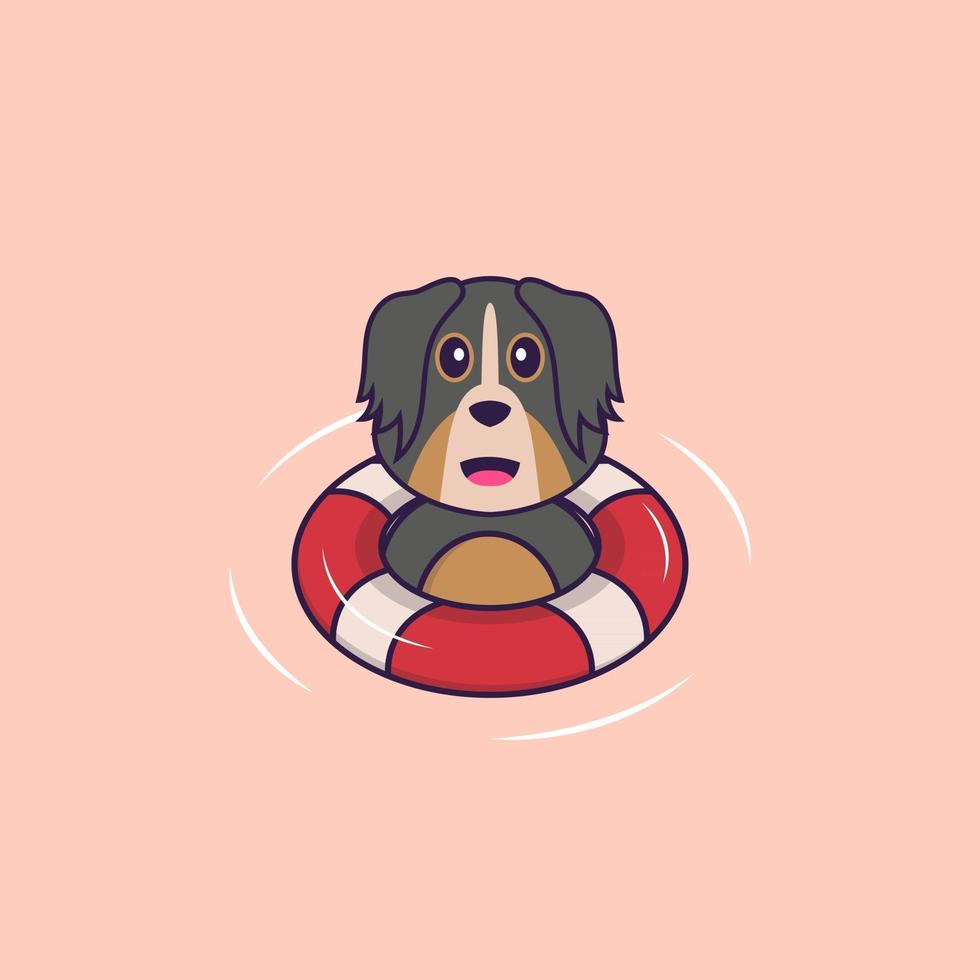 lindo perro está nadando con una boya. aislado concepto de dibujos animados de animales. Puede utilizarse para camiseta, tarjeta de felicitación, tarjeta de invitación o mascota. estilo de dibujos animados plana vector