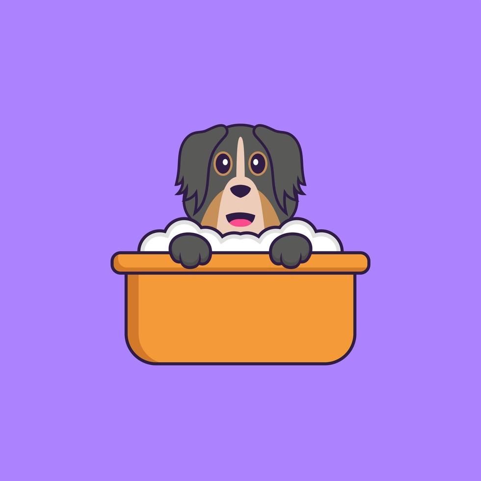 lindo perro tomando un baño en la bañera. aislado concepto de dibujos animados de animales. Puede utilizarse para camiseta, tarjeta de felicitación, tarjeta de invitación o mascota. estilo de dibujos animados plana vector
