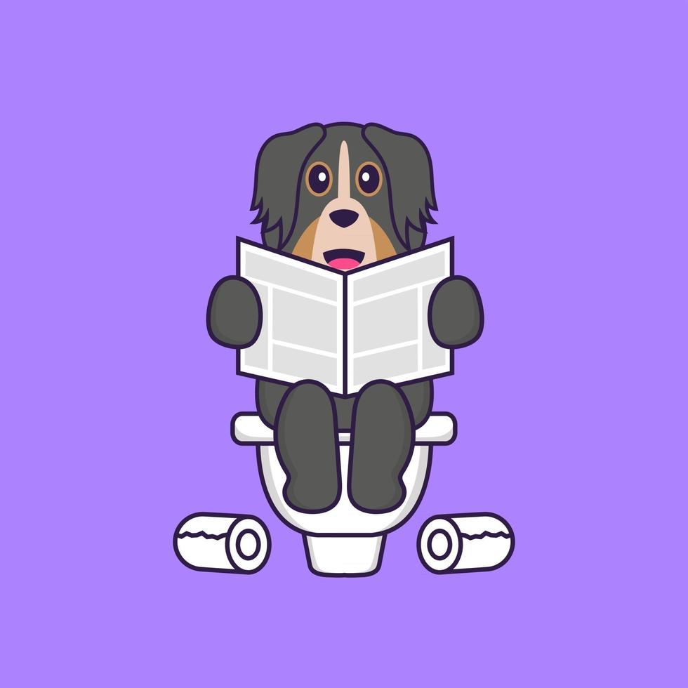 Cute dog Pooping On Toilet and read newspaper. Animal cartoon concept isolated. Can used for t-shirt, greeting card, invitation card or mascot. Flat Cartoon Style vector