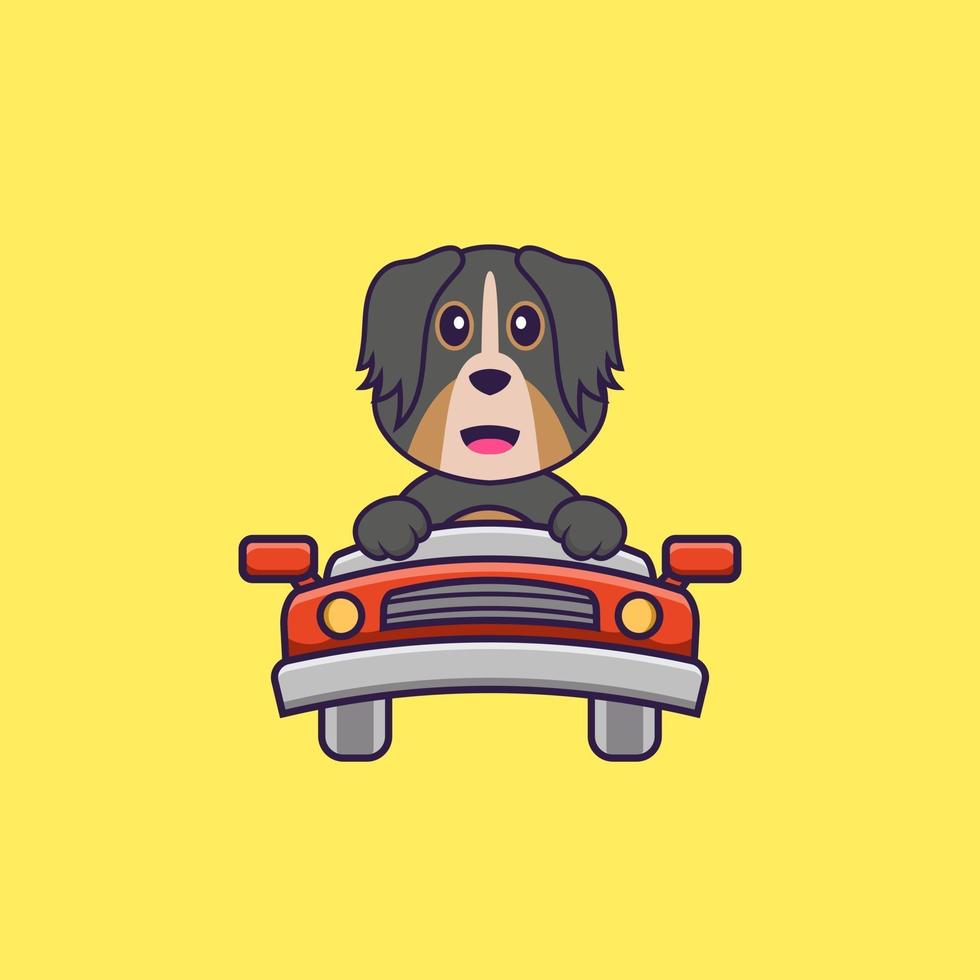 Cute dog is driving. Animal cartoon concept isolated. Can used for t-shirt, greeting card, invitation card or mascot. Flat Cartoon Style vector