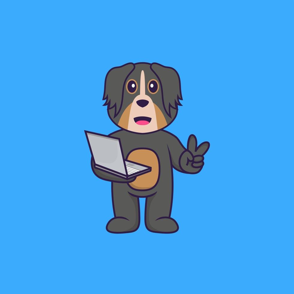 Cute dog holding laptop. Animal cartoon concept isolated. Can used for t-shirt, greeting card, invitation card or mascot. Flat Cartoon Style vector