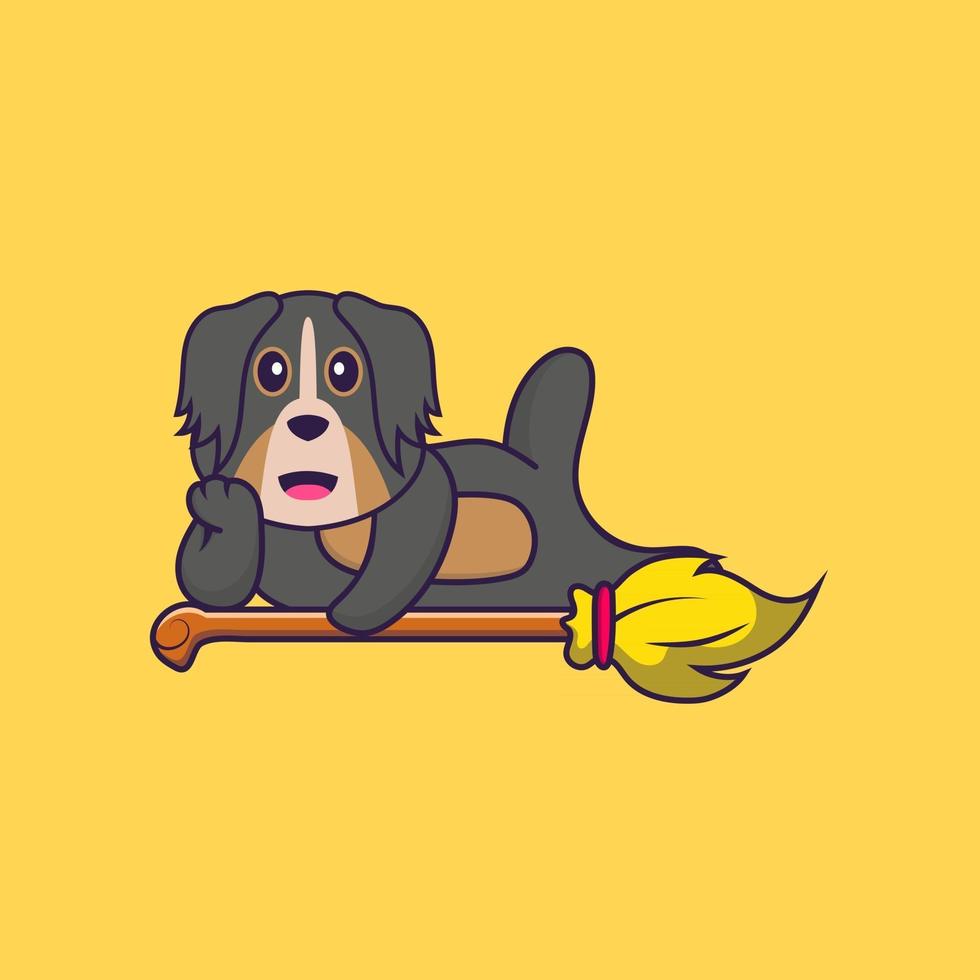 Cute dog lying on Magic Broom. Animal cartoon concept isolated. Can used for t-shirt, greeting card, invitation card or mascot. Flat Cartoon Style vector