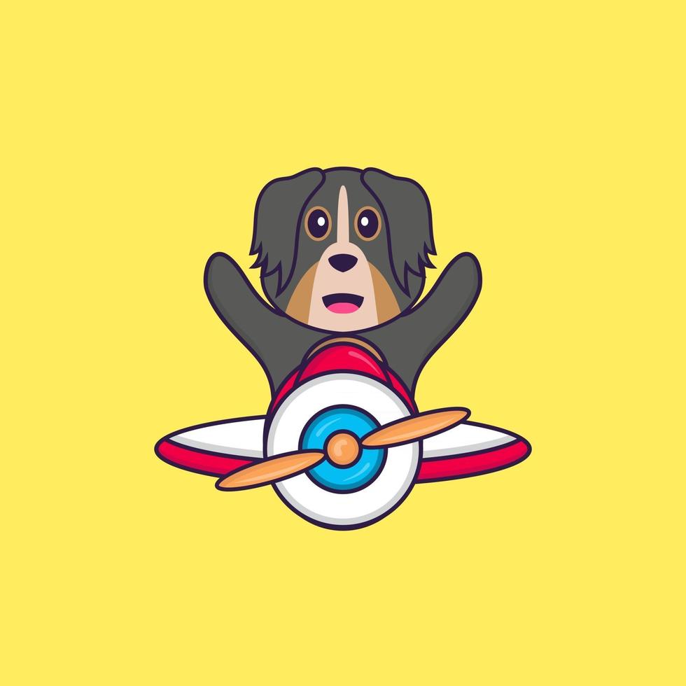 lindo perro volando en un avión. aislado concepto de dibujos animados de animales. Puede utilizarse para camiseta, tarjeta de felicitación, tarjeta de invitación o mascota. estilo de dibujos animados plana vector