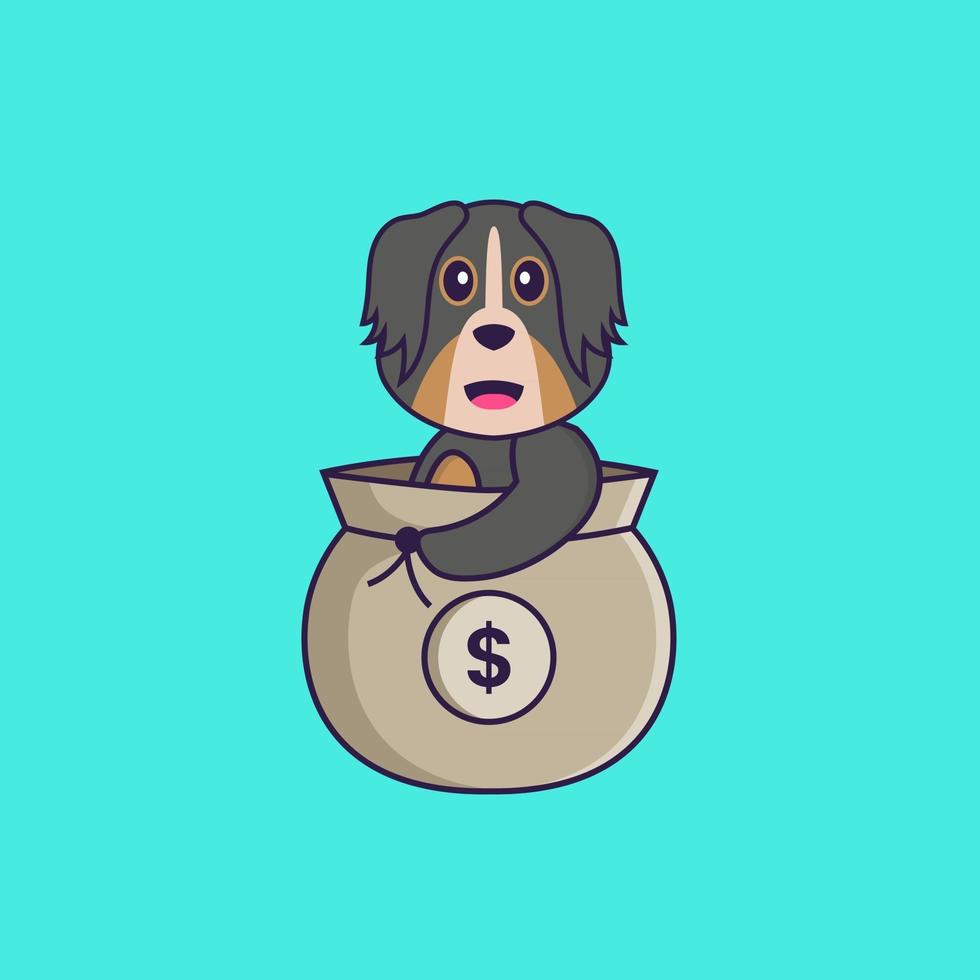 Cute dog in a money bag. Animal cartoon concept isolated. Can used for t-shirt, greeting card, invitation card or mascot. Flat Cartoon Style vector