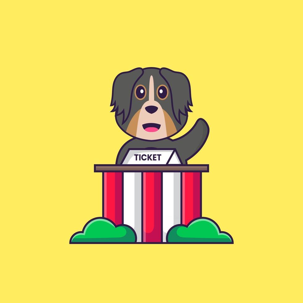 Cute dog is being a ticket keeper. Animal cartoon concept isolated. Can used for t-shirt, greeting card, invitation card or mascot. Flat Cartoon Style vector