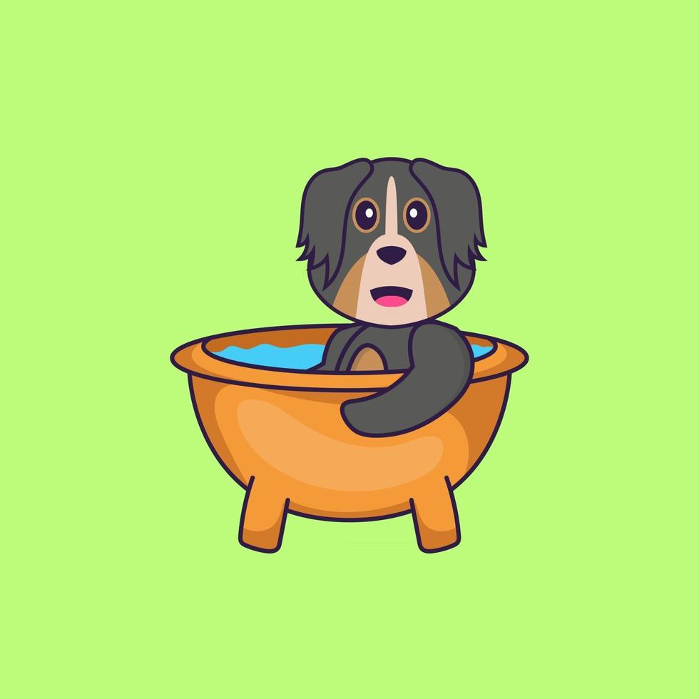 Cute dog taking a bath in the bathtub. Animal cartoon concept isolated. Can used for t-shirt, greeting card, invitation card or mascot. Flat Cartoon Style vector