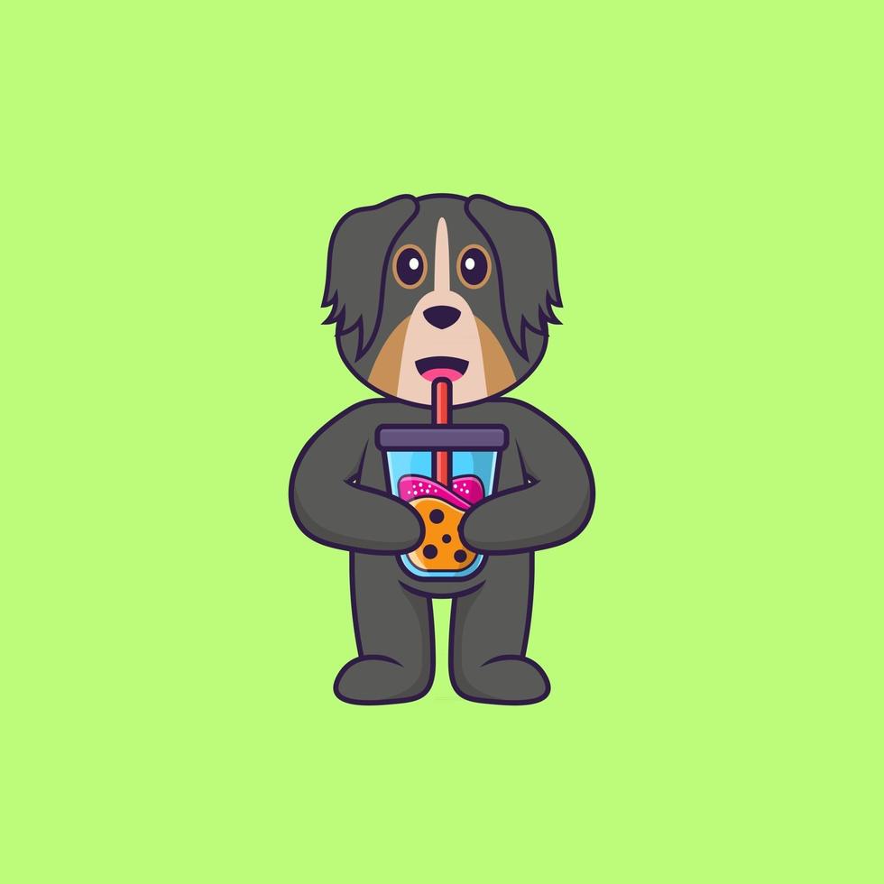 Cute dog Drinking Boba milk tea. Animal cartoon concept isolated. Can used for t-shirt, greeting card, invitation card or mascot. Flat Cartoon Style vector