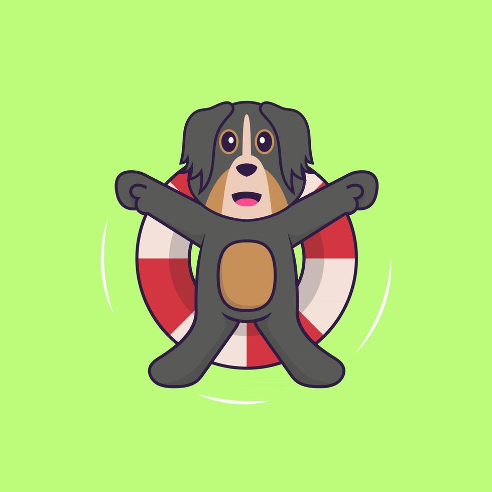 Cute dog is Swimming with a buoy. Animal cartoon concept isolated. Can used for t-shirt, greeting card, invitation card or mascot. Flat Cartoon Style vector