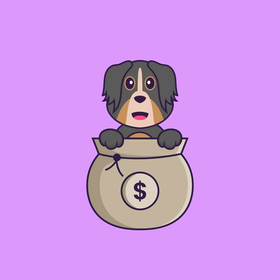 Cute dog playing in money bag. Animal cartoon concept isolated. Can used for t-shirt, greeting card, invitation card or mascot. Flat Cartoon Style vector