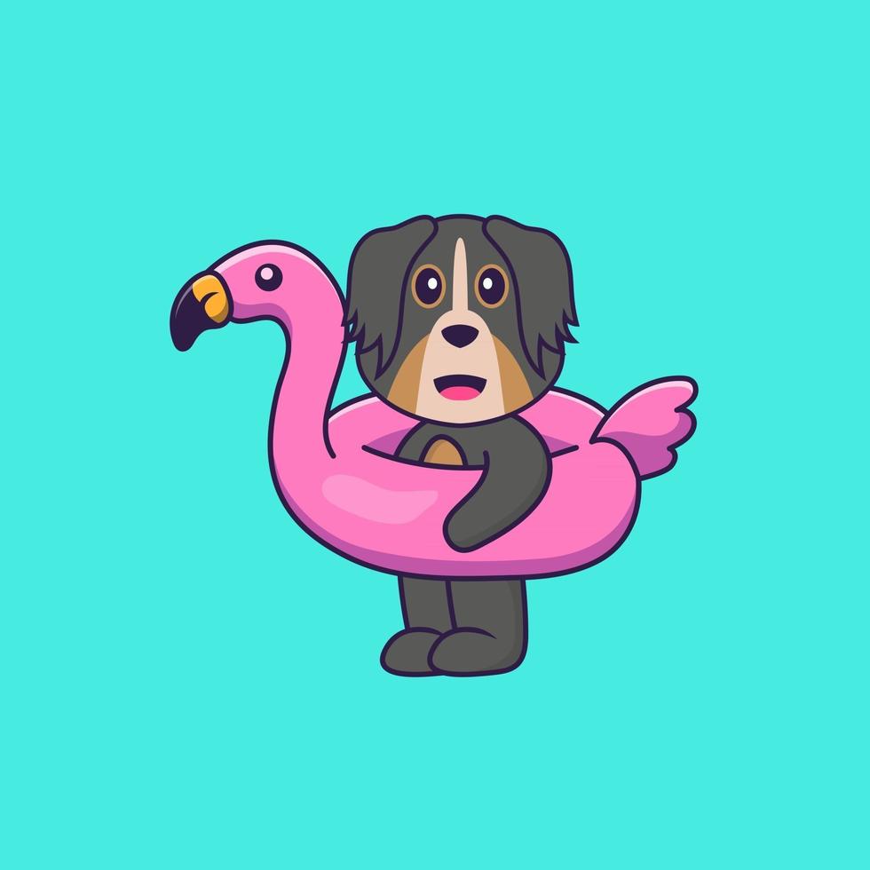 lindo perro con boya flamingo. aislado concepto de dibujos animados de animales. Puede utilizarse para camiseta, tarjeta de felicitación, tarjeta de invitación o mascota. estilo de dibujos animados plana vector