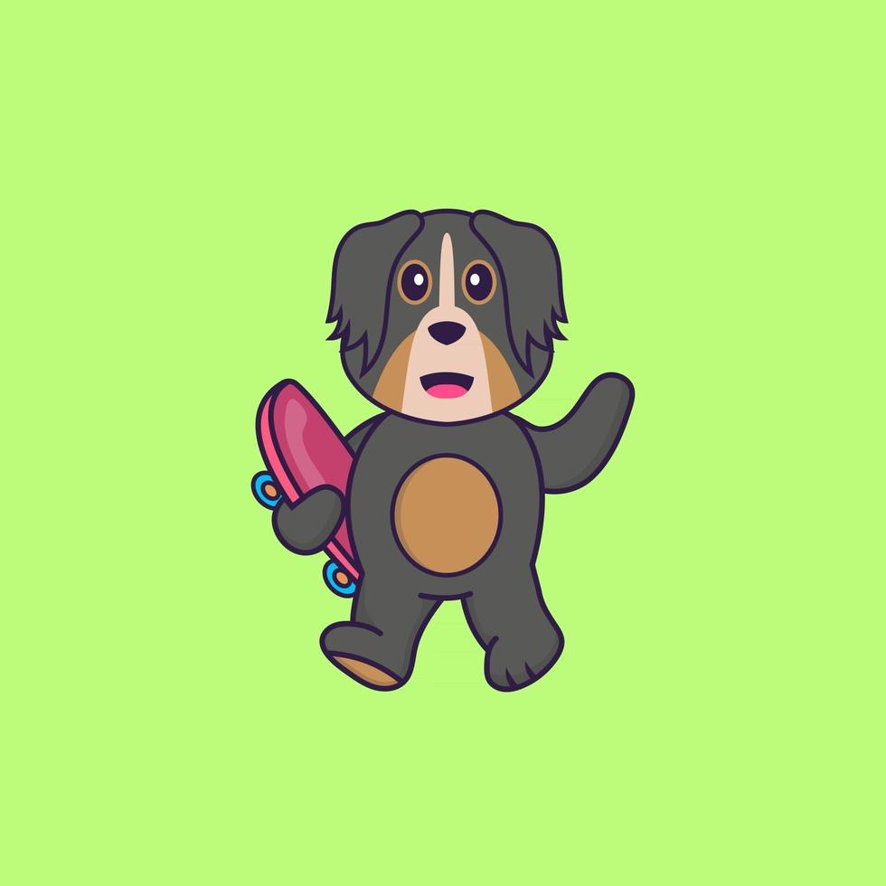 Cute dog holding a skateboard. Animal cartoon concept isolated. Can used for t-shirt, greeting card, invitation card or mascot. Flat Cartoon Style vector