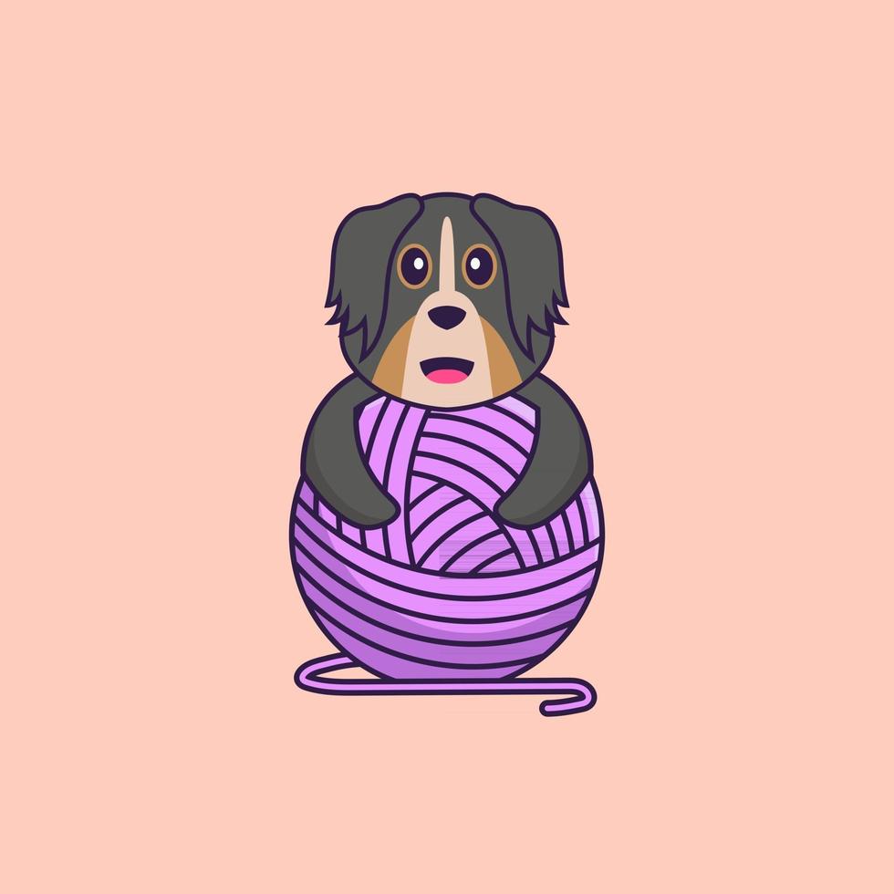 Cute dog playing with wool yarn. Animal cartoon concept isolated. Can used for t-shirt, greeting card, invitation card or mascot. Flat Cartoon Style vector