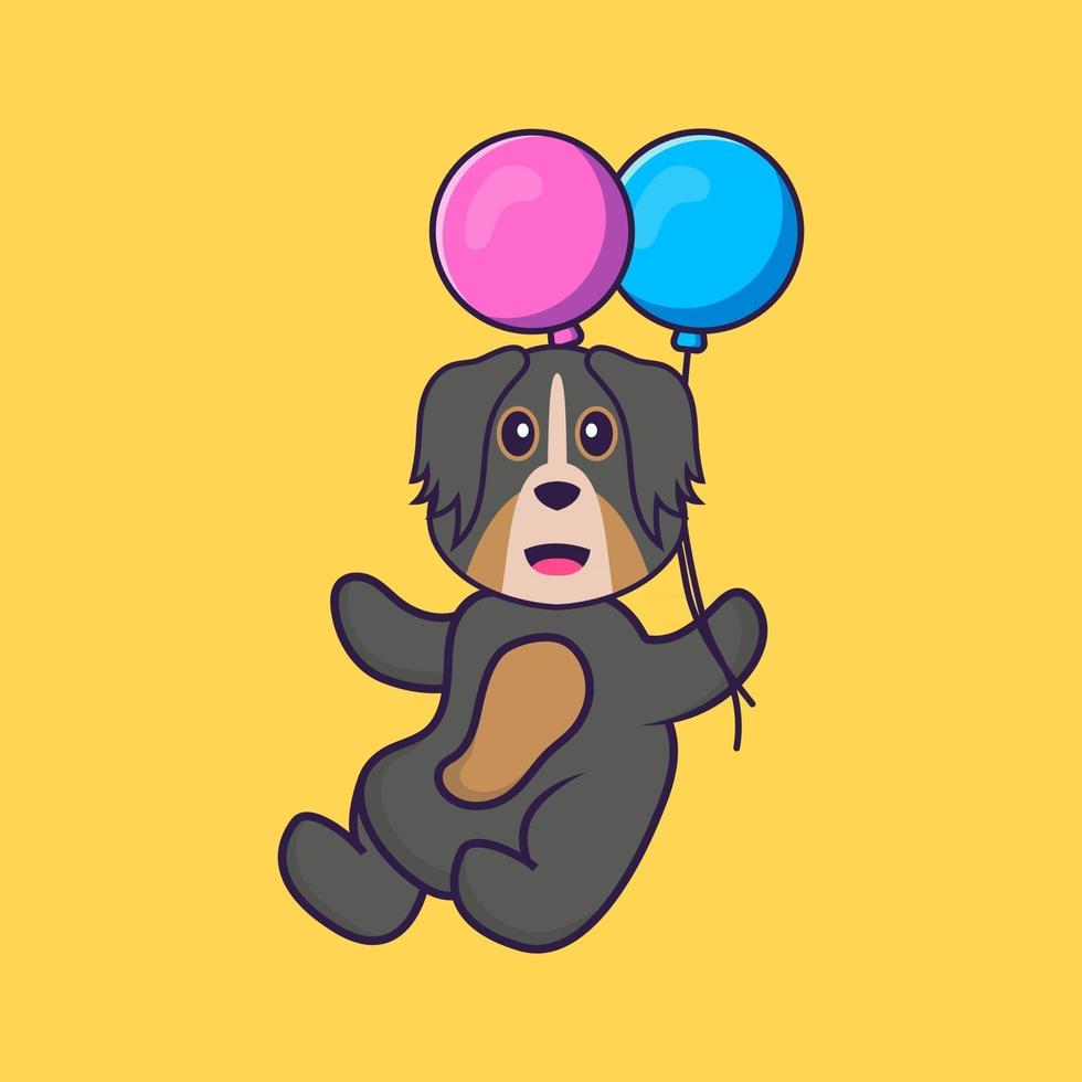 lindo perro volando con dos globos. aislado concepto de dibujos animados de animales. Puede utilizarse para camiseta, tarjeta de felicitación, tarjeta de invitación o mascota. estilo de dibujos animados plana vector