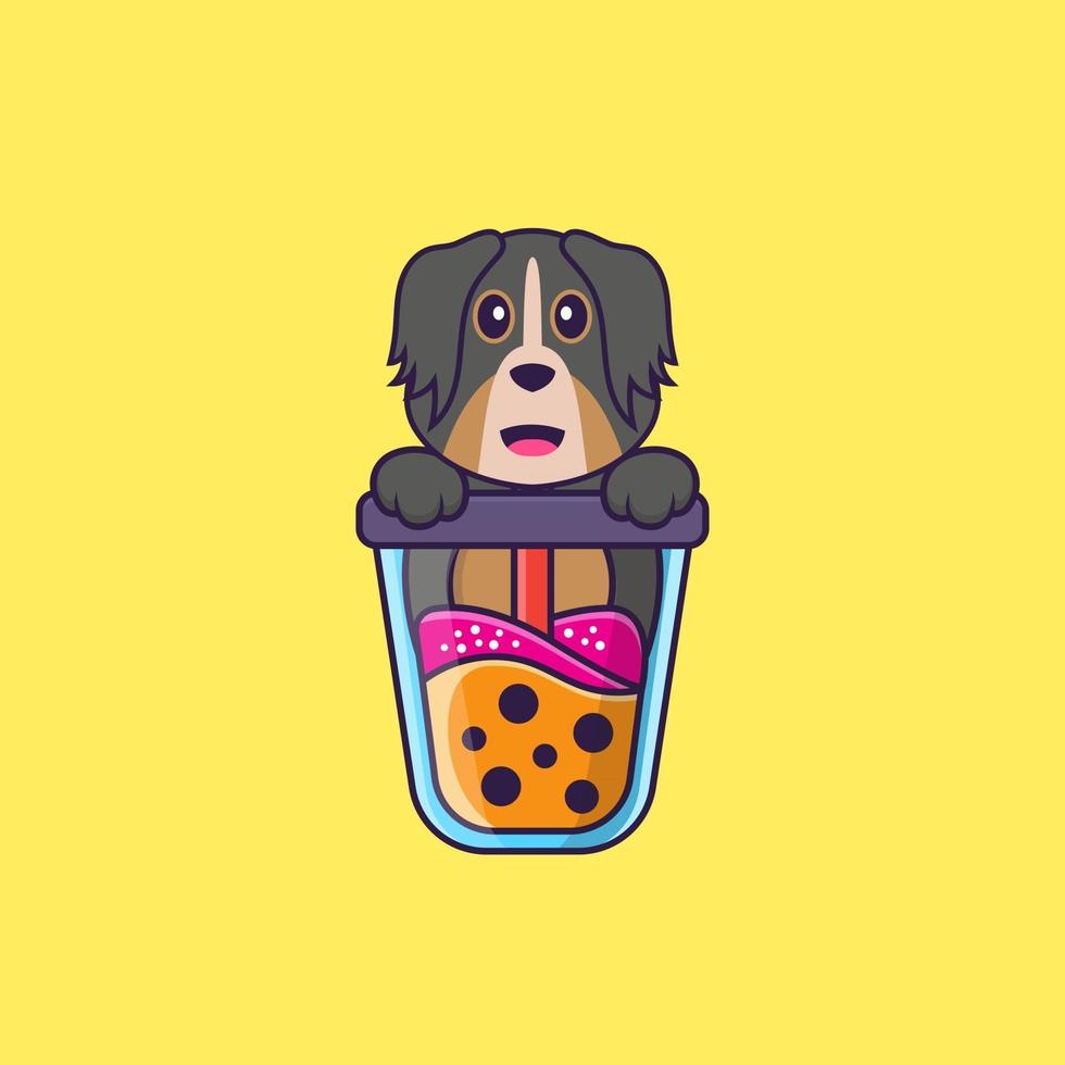 Cute dog Drinking Boba milk tea. Animal cartoon concept isolated. Can used for t-shirt, greeting card, invitation card or mascot. Flat Cartoon Style vector