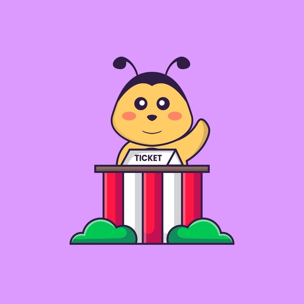 Cute bee is being a ticket keeper. Animal cartoon concept isolated. Can used for t-shirt, greeting card, invitation card or mascot. Flat Cartoon Style vector