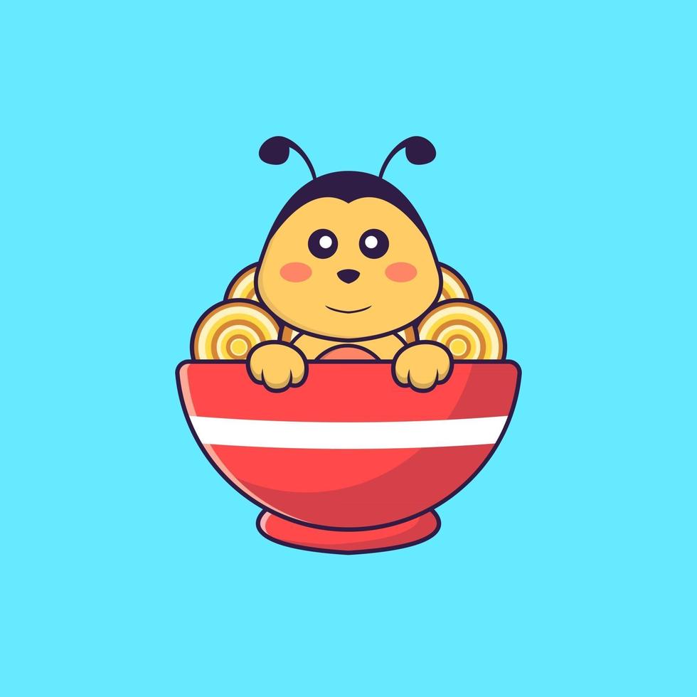 Cute bee eating ramen noodles. Animal cartoon concept isolated. Can used for t-shirt, greeting card, invitation card or mascot. Flat Cartoon Style vector