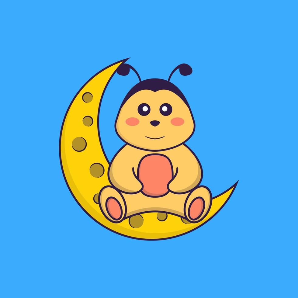 Cute bee is sitting on the moon. Animal cartoon concept isolated. Can used for t-shirt, greeting card, invitation card or mascot. Flat Cartoon Style vector