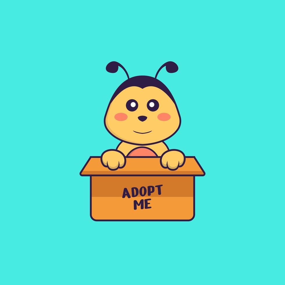 Cute bee in box with a poster Adopt me. Animal cartoon concept isolated. Can used for t-shirt, greeting card, invitation card or mascot. Flat Cartoon Style vector