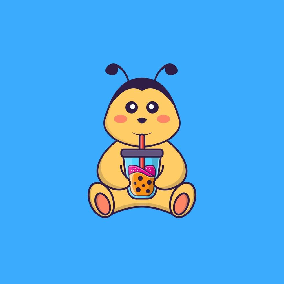 Linda abeja bebiendo té con leche de boba. aislado concepto de dibujos animados de animales. Puede utilizarse para camiseta, tarjeta de felicitación, tarjeta de invitación o mascota. estilo de dibujos animados plana vector