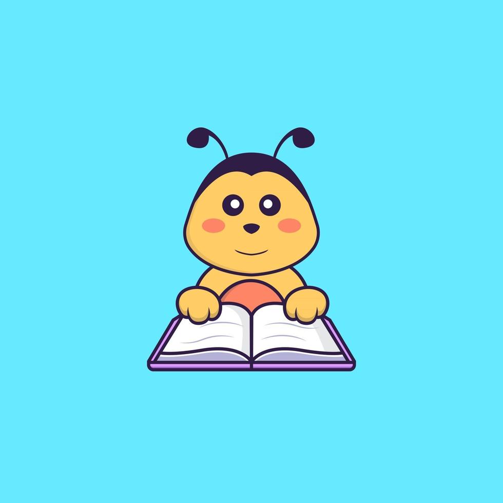 Cute bee reading a book. Animal cartoon concept isolated. Can used for t-shirt, greeting card, invitation card or mascot. Flat Cartoon Style vector