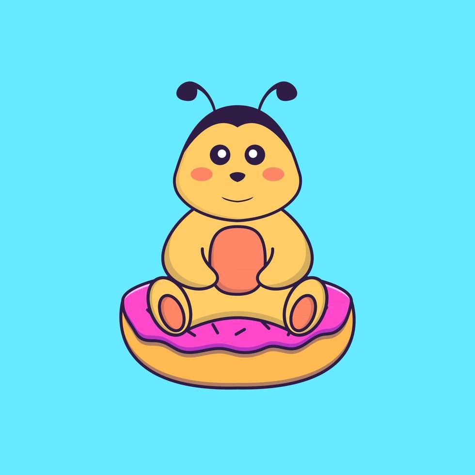 Cute bee is sitting on donuts. Animal cartoon concept isolated. Can used for t-shirt, greeting card, invitation card or mascot. Flat Cartoon Style vector