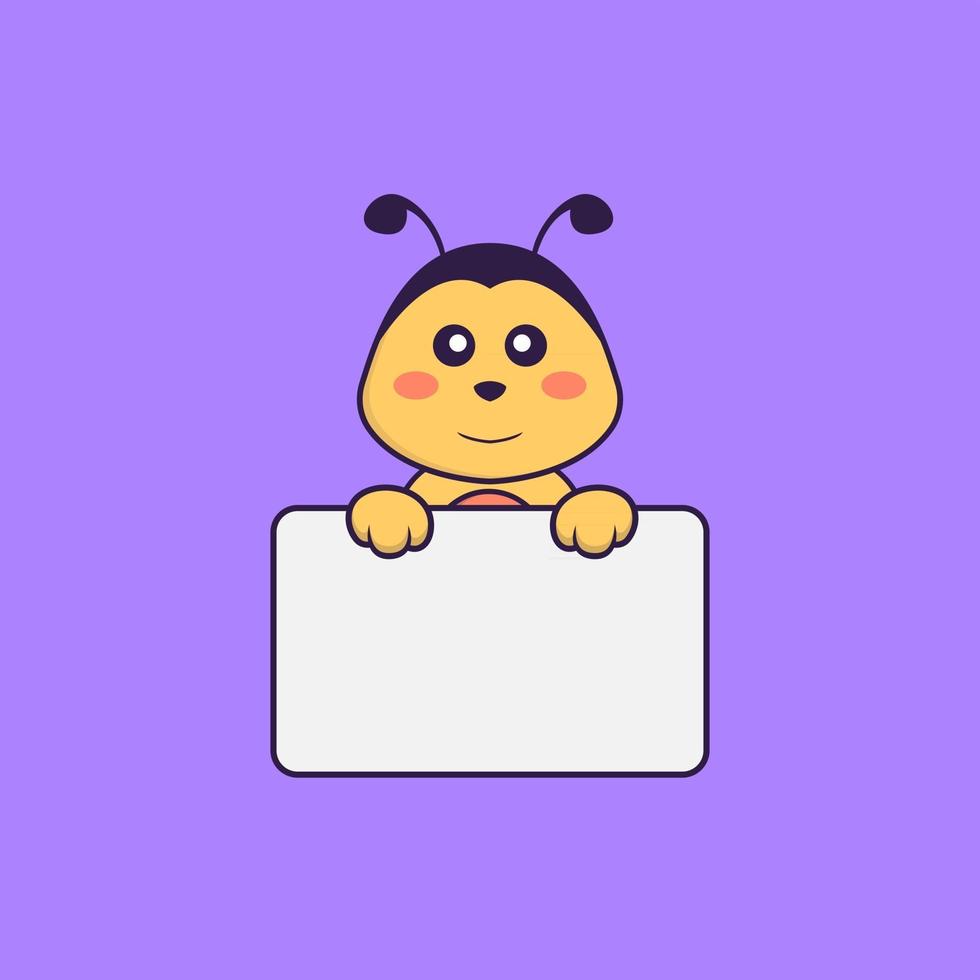 Cute bee holding whiteboard. Animal cartoon concept isolated. Can used for t-shirt, greeting card, invitation card or mascot. Flat Cartoon Style vector