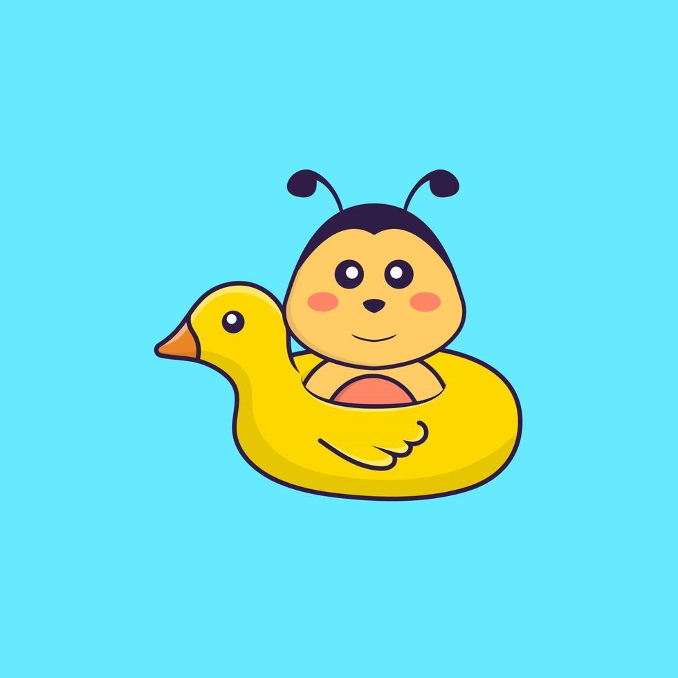 Cute bee With Duck buoy. Animal cartoon concept isolated. Can used for t-shirt, greeting card, invitation card or mascot. Flat Cartoon Style vector