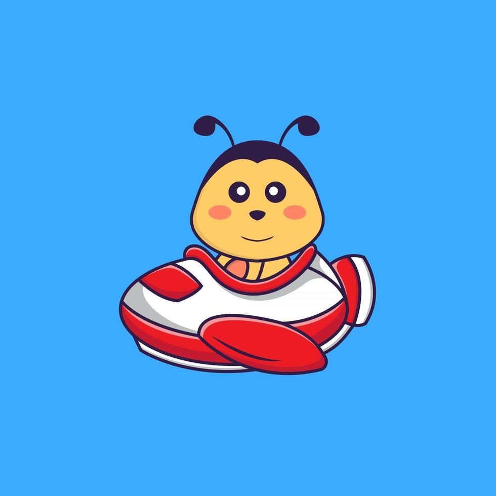 Cute bee flying on a plane. Animal cartoon concept isolated. Can used for t-shirt, greeting card, invitation card or mascot. Flat Cartoon Style vector