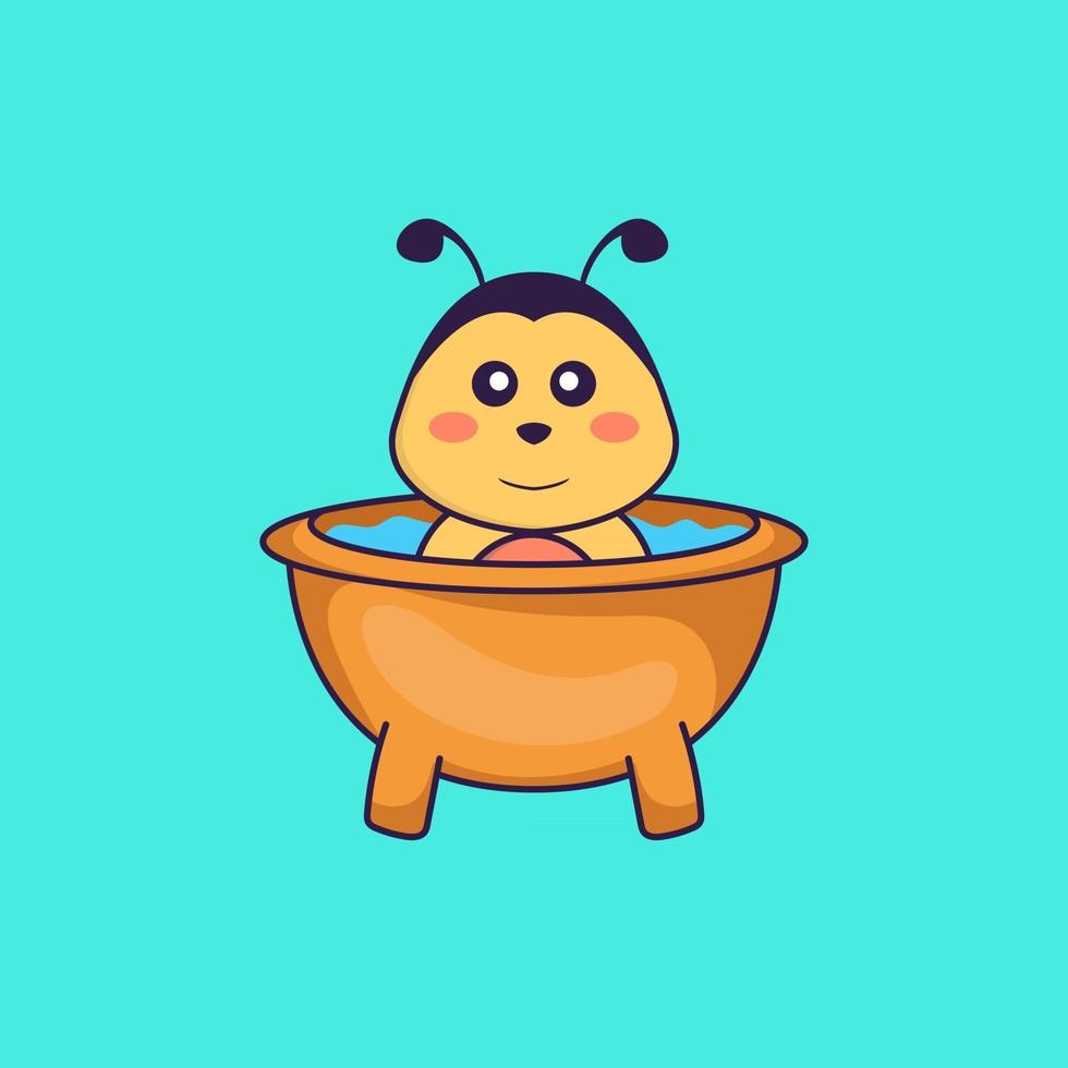 Cute bee taking a bath in the bathtub. Animal cartoon concept isolated. Can used for t-shirt, greeting card, invitation card or mascot. Flat Cartoon Style vector