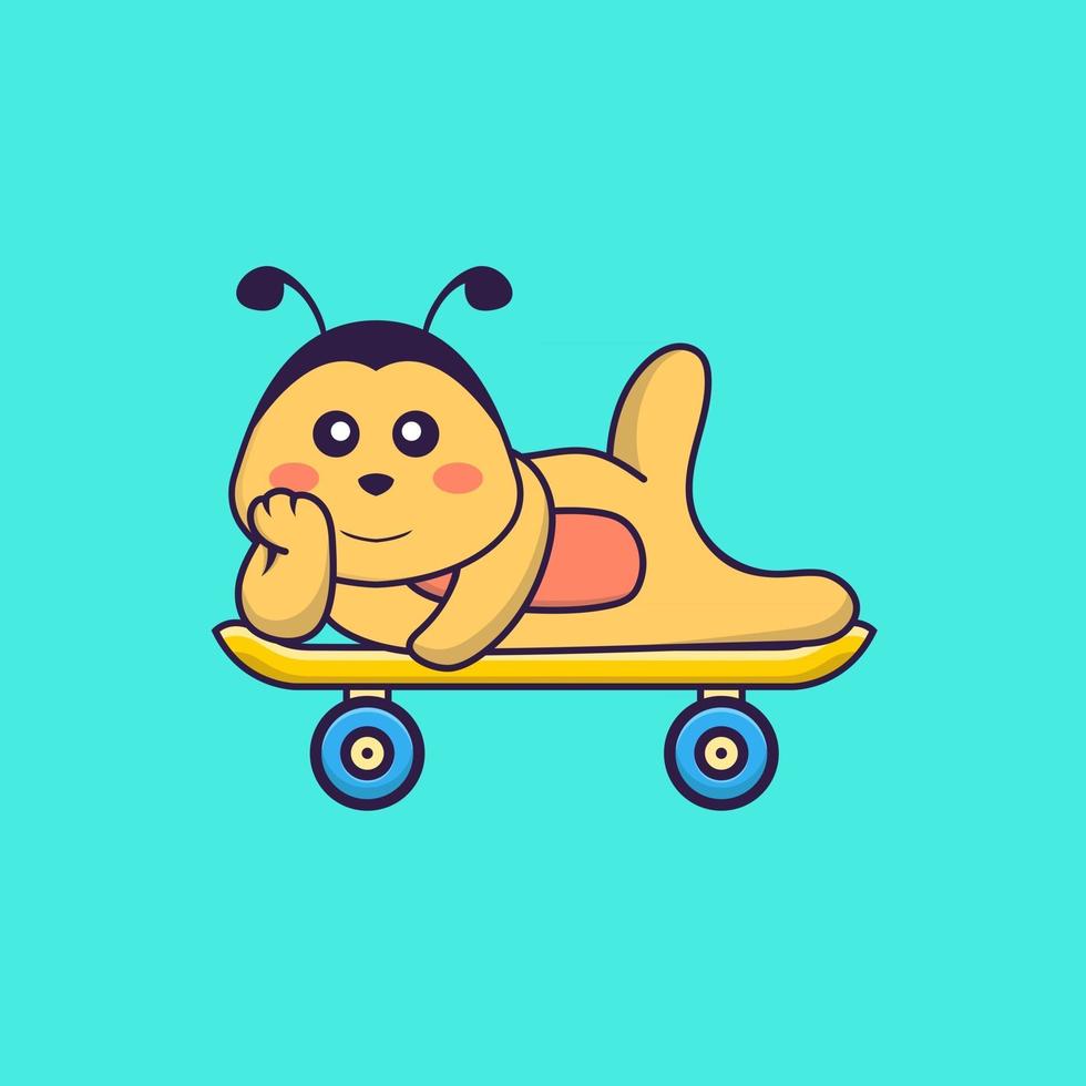 Cute bee lying on a skateboard. Animal cartoon concept isolated. Can used for t-shirt, greeting card, invitation card or mascot. Flat Cartoon Style vector