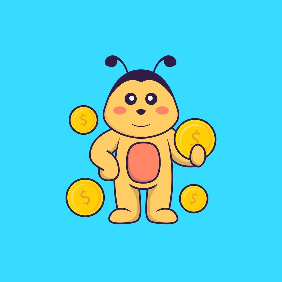 Cute bee holding coin. Animal cartoon concept isolated. Can used for t-shirt, greeting card, invitation card or mascot. Flat Cartoon Style vector