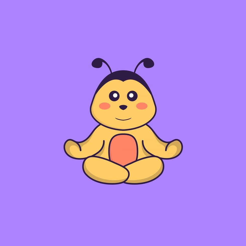 Cute bee is meditating or doing yoga. Animal cartoon concept isolated. Can used for t-shirt, greeting card, invitation card or mascot. Flat Cartoon Style vector