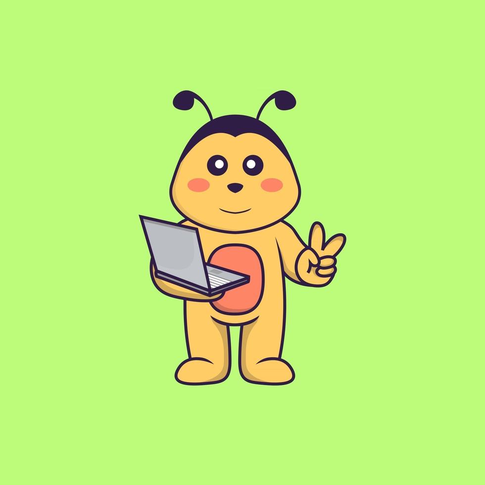 Cute bee holding laptop. Animal cartoon concept isolated. Can used for t-shirt, greeting card, invitation card or mascot. Flat Cartoon Style vector