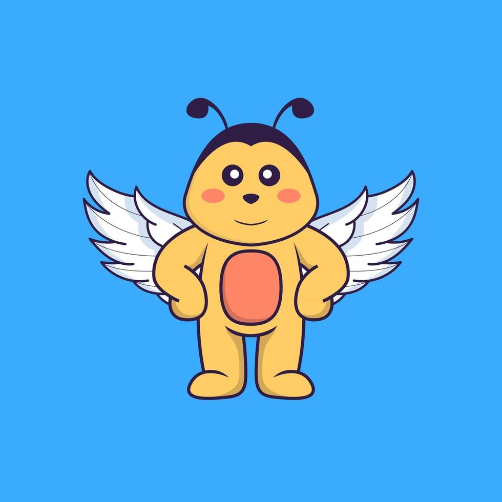 Cute bee using wings. Animal cartoon concept isolated. Can used for t-shirt, greeting card, invitation card or mascot. Flat Cartoon Style vector