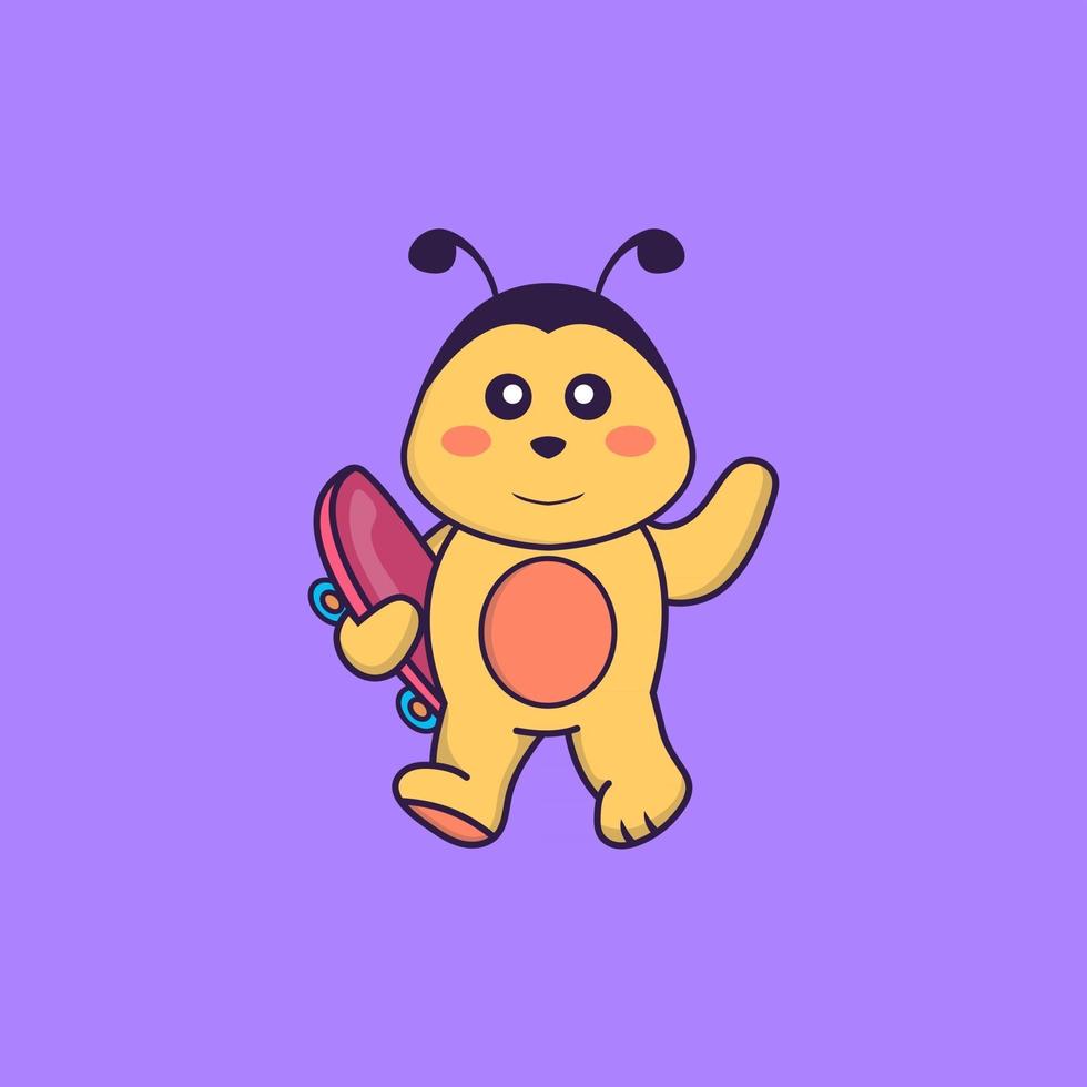 Cute bee holding a skateboard. Animal cartoon concept isolated. Can used for t-shirt, greeting card, invitation card or mascot. Flat Cartoon Style vector