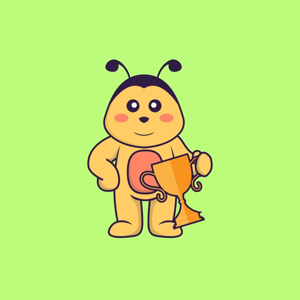 abeja linda con trofeo de oro. aislado concepto de dibujos animados de animales. Puede utilizarse para camiseta, tarjeta de felicitación, tarjeta de invitación o mascota. estilo de dibujos animados plana vector