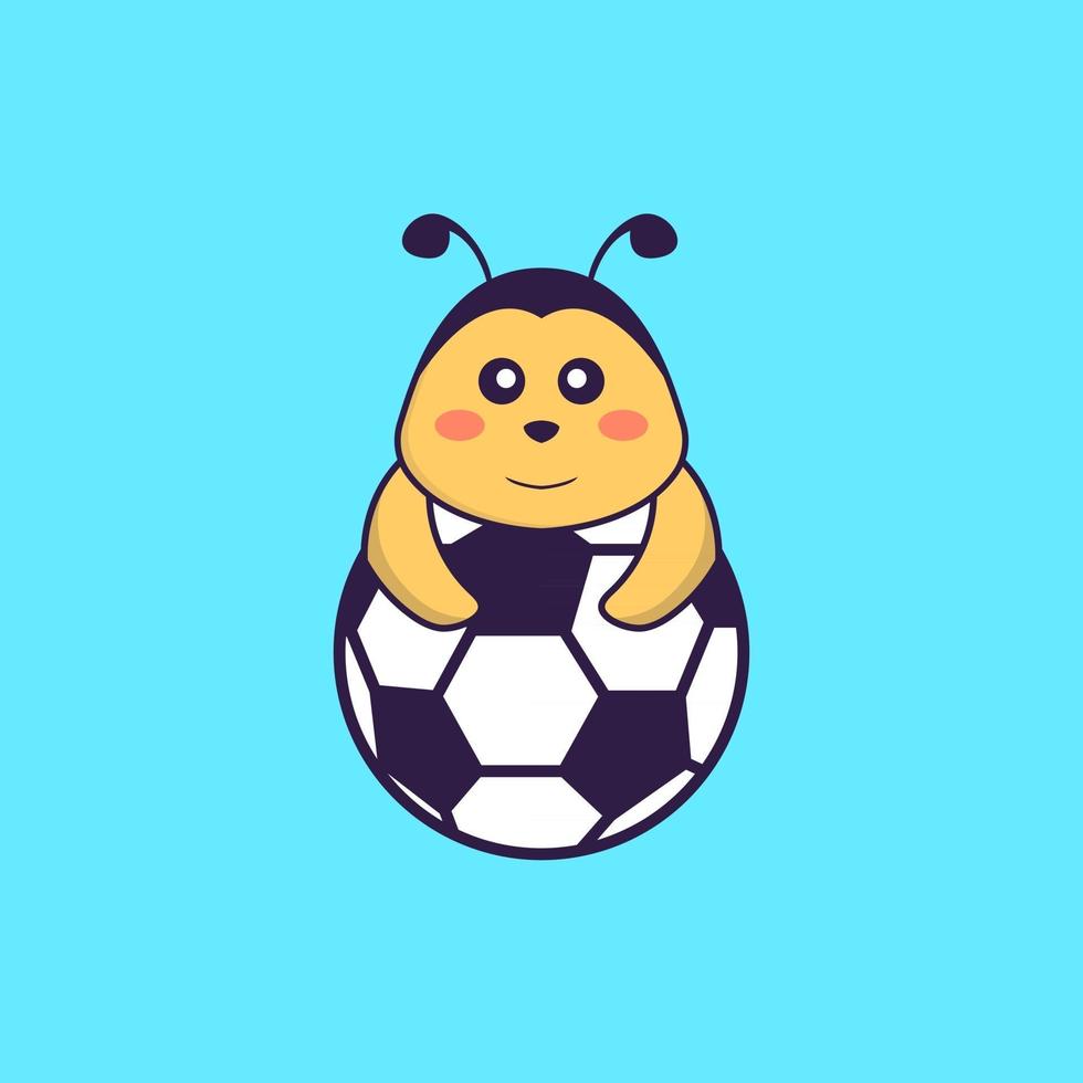 Cute bee playing soccer. Animal cartoon concept isolated. Can used for t-shirt, greeting card, invitation card or mascot. Flat Cartoon Style vector