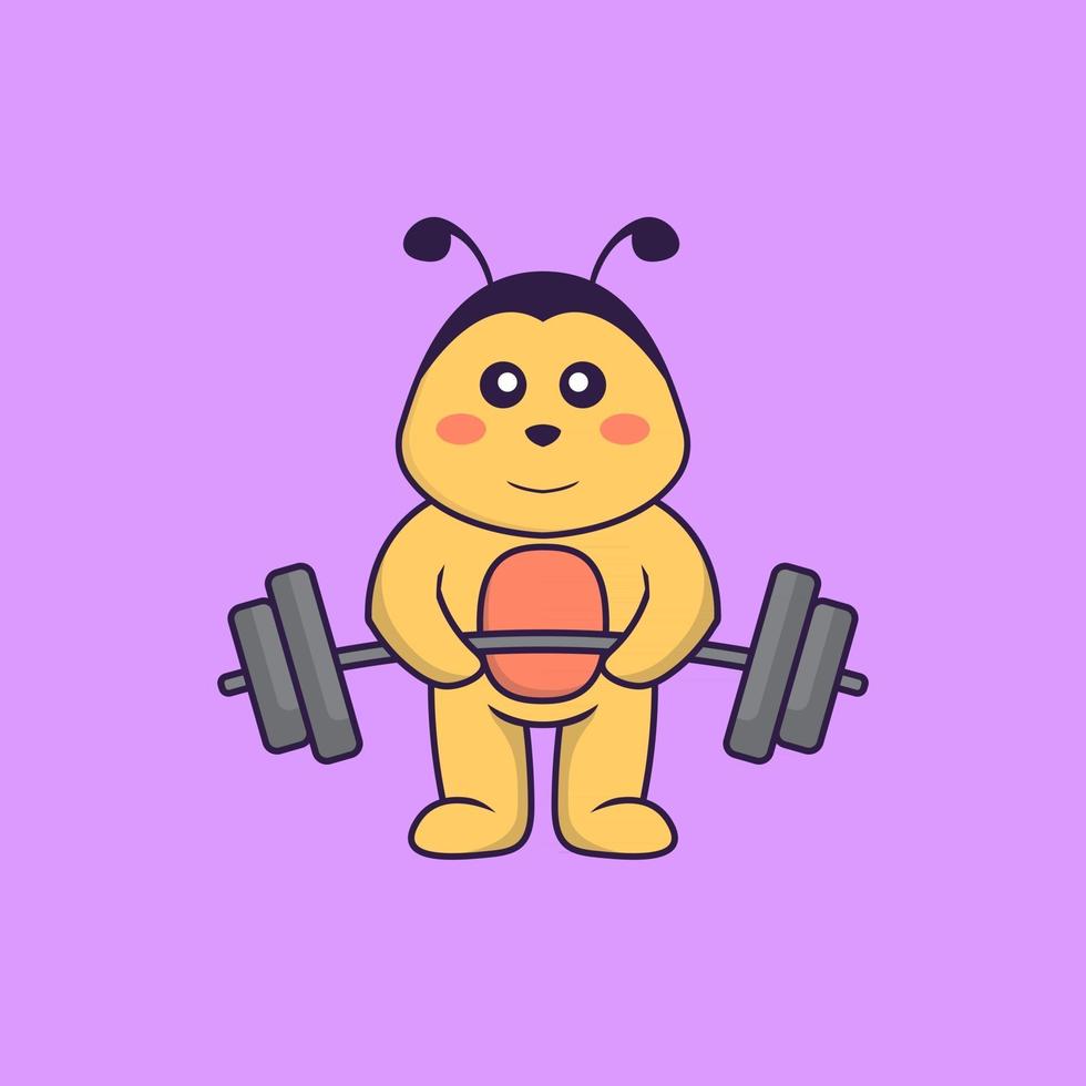 Cute bee lifts the barbell. Animal cartoon concept isolated. Can used for t-shirt, greeting card, invitation card or mascot. Flat Cartoon Style vector